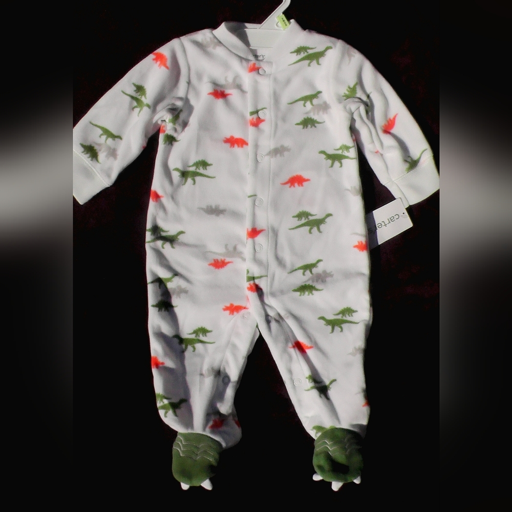TWINS? 2 avail 3mo cute Dinosaur Carter's fleece Footed Pjs snap buttons w/ paws